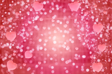 Defocused abstract red background with space for text. Blurred bokeh background of Valentine Day with hearts