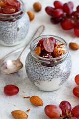 Chia pudding parfait with red grapes and almonds