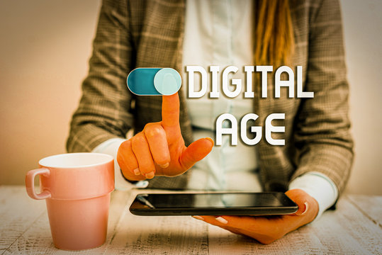 Text sign showing Digital Age. Business photo text introduction of the demonstratingal computer with subsequent technology Business woman sitting with mobile phone and cup of coffee on the table