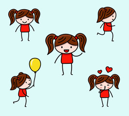 cute little girl in red dress with two ponytails in different position doing different activities - smiling, kissing, running, holding ballon 