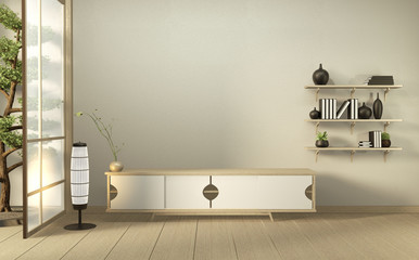 Cabinet wooden in modern living room japan style on white wall background,3d rendering