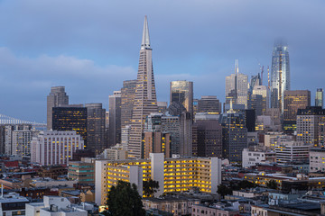 twilight over San Francisco downtown and financial district from Russian hill in California, USA