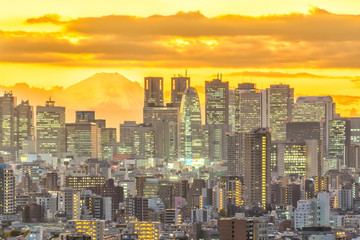 Obraz premium Top view of Tokyo city skyline (Shinjuku and Shibuya) area with beautiful sunset