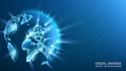 Obraz premium Blue futuristic background with planet Earth. World map of the planet. Rays of energy. Global social network. Future. Vector. Internet and technology. Floating blue plexus geometric background.