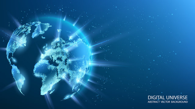 Blue futuristic background with planet Earth. World map of the planet. Rays of energy. Global social network. Future. Vector. Internet and technology. Floating blue plexus geometric background.