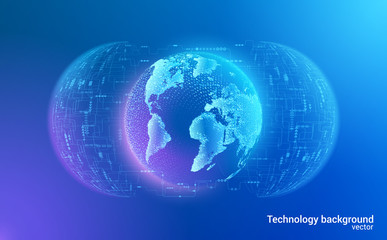 Fototapeta na wymiar Abstract blue futuristic HUD background. Vector. Global digital communications. Modern technology and the near future. A holographic globe of planet Earth surrounded by a stream of digital data.