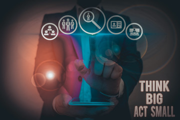 Word writing text Think Big Act Small. Business photo showcasing Great Ambitious Goals Take Little...