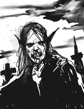 Black and white digital illustration of a vampire emerging from his crypt to hunt at night - digital fantasy illustration