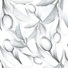 Spring pattern with tulips, pencil, spring flower. March 8. black, gray Dutch tulips, vintage pencil drawing, hand drawing. field of tulips. Stock illustration. Background for wallpaper, textile.