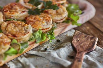 Sandwiches from zucchini with herbs. Rustic snacks still life.