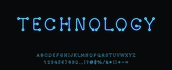 technological hi tech ctyle blue neon font set