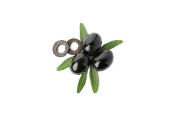 Tasty black olives and leaves isolated on white background, top view