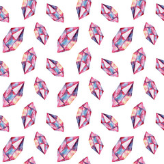Pattern with watercolor crystals in pink colors. Suitable for design of paper, textile, printing.