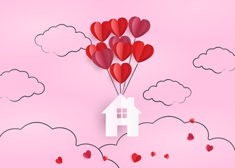 flying House with hearts. Happiness Loving House paper cut