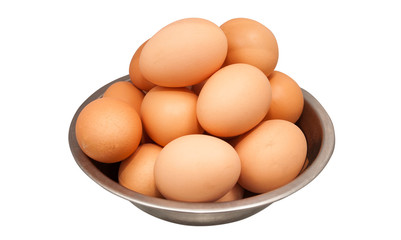 bowl of eggs from hen or chicken isolated on white background
