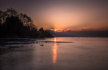 Pink sunset, behind the clouds, tree and lake. Calm and relaxing landscape