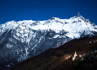 snowy mountain, church, snow, forest, night, lighting, blue sky