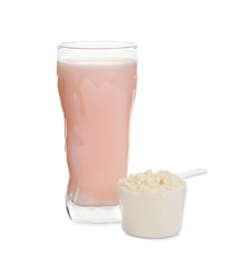Protein shake and powder isolated on white