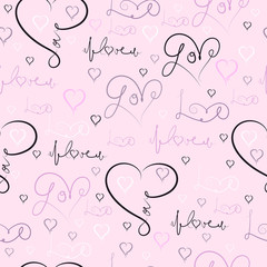 Seamless pattern with hearts and the inscription love