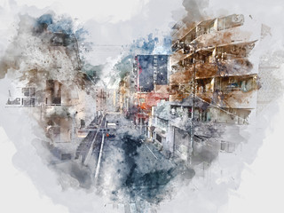 Abstract colorful cityscape buiding and walking street in Osaka, Japan on watercolor illustration painting background.