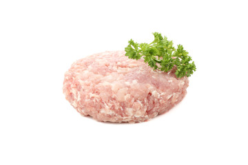 Tasty minced meat and curly parsley isolated on white background