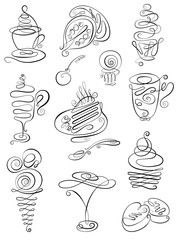 Sweet Hand drawn doodles with coffee, tea, latte, cappuccino, cakes, dessert, chocolate, sweets, cake, ice cream for your design