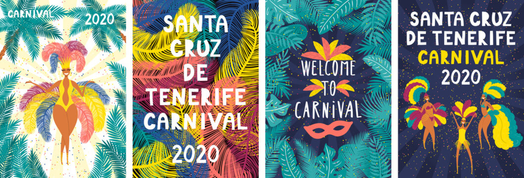 Set of Santa Cruz de Tenerife Carnival posters with dancing girls in bright costumes, colorful feathers, tropical leaves, text. Hand drawn vector illustration. Flat style design. Concept flyer, banner