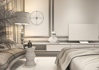 Polygonal mesh of a bedroom in a modern classic. 3d image