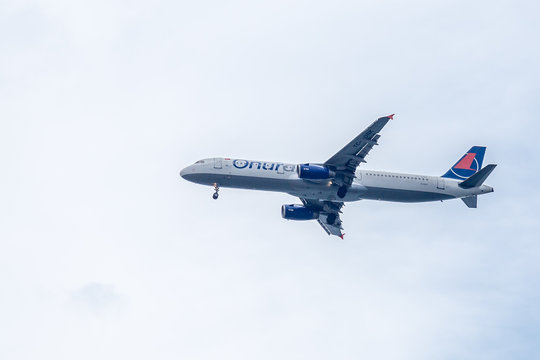 Antalya, Turkey - 09-29-2018: Onur Air plane in the sky while landing to Antalya international Airport. Editorial