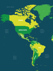Americas map - green hue colored on dark background. High detailed political map of North and South America continent with country, capital, ocean and sea names labeling