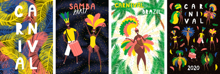 Set of Brazilian Carnival posters with dancing people in bright costumes, colorful feathers, tropical leaves, text. Hand drawn vector illustration. Flat style design. Concept flyer, banner.