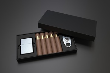 Blank cigars, lighter and cigar cutter in hard paper box template for mock up, 3d render illustration.  © godesignz