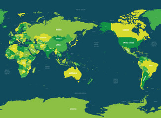 World map - Asia, Australia and Pacific Ocean centered. Green hue colored on dark background. High detailed political map of World with country, capital, ocean and sea names labeling