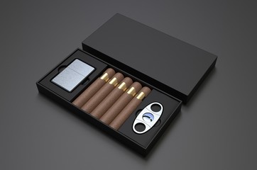 Blank cigars, lighter and cigar cutter in hard paper box template for mock up, 3d render illustration.  © godesignz
