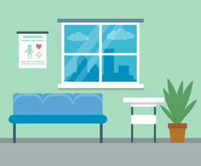 Healthcare and medicine concept. Modern empty medical clinic reception interior with furniture. Flat style. Vector illustration