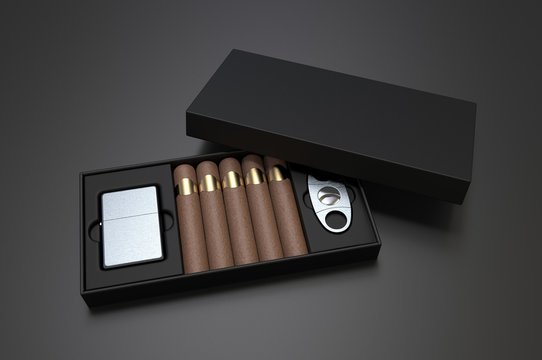 Blank cigars, lighter and cigar cutter in hard paper box template for mock up, 3d render illustration. 