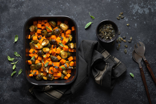 Brussels sprouts baked with butternut squash, top view