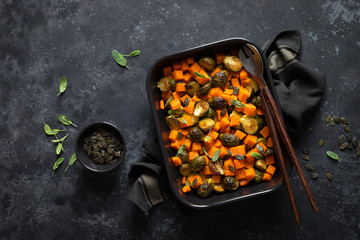 Brussels sprouts baked with butternut squash, top view