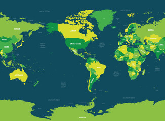 World map - America centered. Green hue colored on dark background. High detailed political map of World with country, capital, ocean and sea names labeling