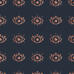 Abstract outline eyes. Rose gold gradient. Minimalistic Look and Vision icons. Graphic vector seamless pattern. Simple design. Trendy illustration. Equal interval. Dark background