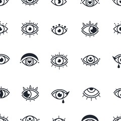 Abstract outline eyes, eyelashes. Closed and wide open. Minimalistic Look and Vision icons. Graphic vector seamless pattern. Simple design. Trendy illustration. Background, wallpaper. Equal interval