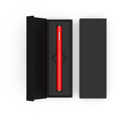 Blank E-cigarette Vaping Pen in hard box for branding, 3d render illustration.