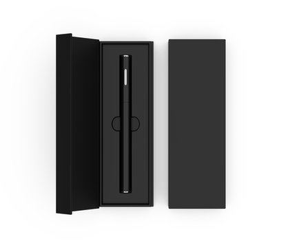 Blank E-cigarette Vaping Pen In Hard Box For Branding, 3d Render Illustration.