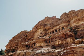 Jordan, desert landscape, ruins of petra, horse and desert, sand, stone, sun, perspective, landscape