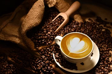 Papier Peint photo Lavable Café Tasse de café au lait avec forme de coeur et grains de café sur fond de bois ancien