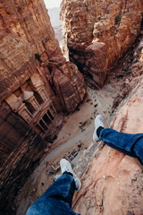 Jordan, desert landscape, ruins of petra, horse and desert, sand, stone, sun, perspective, landscape