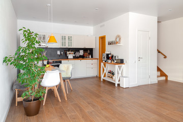 Modern interior of cozy kitchen, dining room, white furniture, wall, black accessories, natural materials, wooden chairs, green flower in pot. Concept scandinavian design in town house of young family