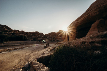Jordan, desert landscape, ruins of petra, horse and desert, sand, stone, sun, perspective, landscape