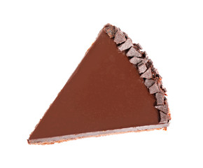 Piece of tasty chocolate cake isolated on white, top view