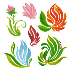 Set of six hand-drawn watercolor abstract multicolored brush strokes and flowers on a white background.  Botanical clipart, floral design elements.